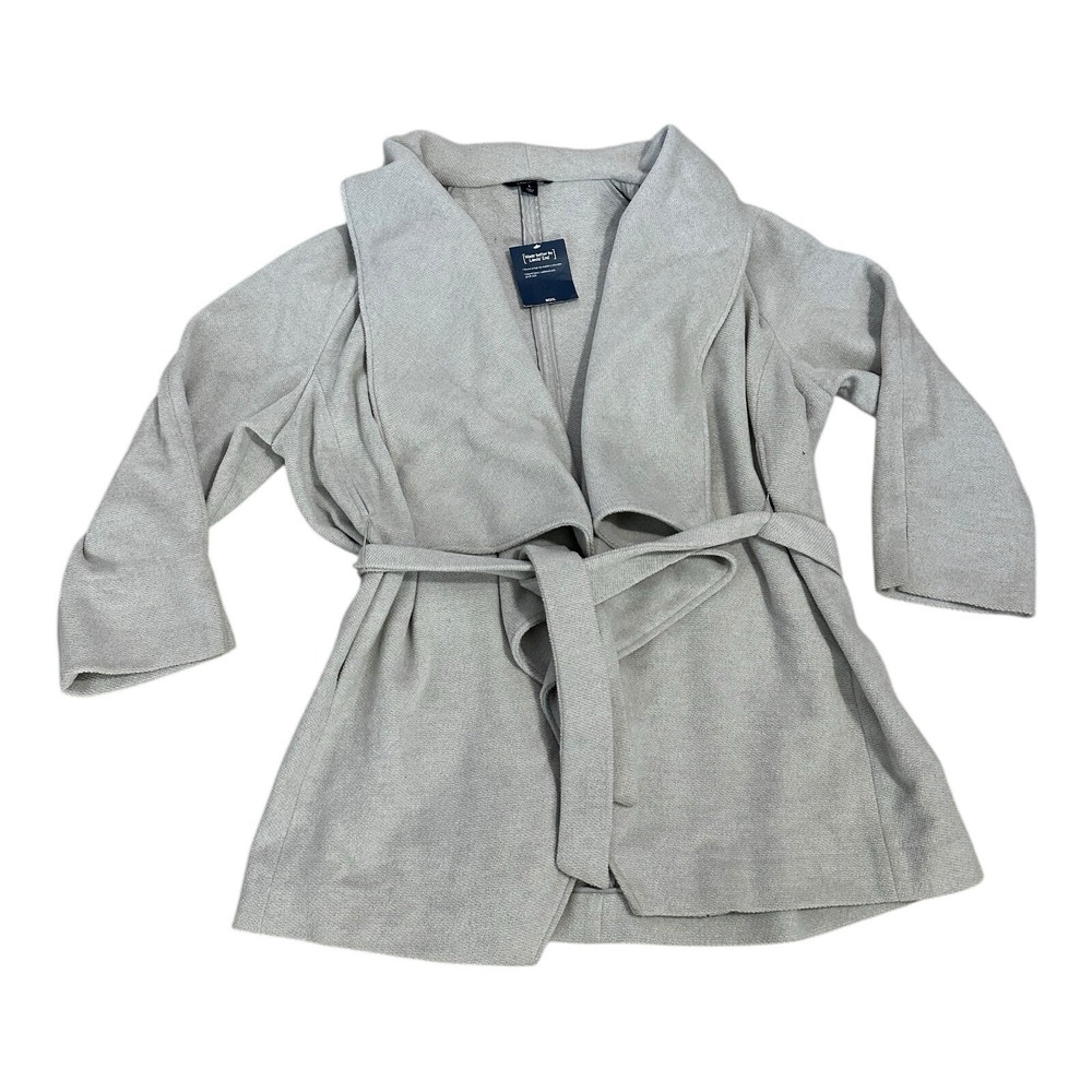 New Lands End Open Cardigan Jacket With Tie Belt Women Size L Gray Wool Warm